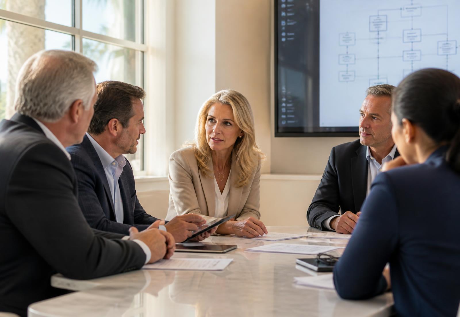 A senior xFDA-style consultant working through a compliance problem with pharmaceutical and device executives in a bright conference room